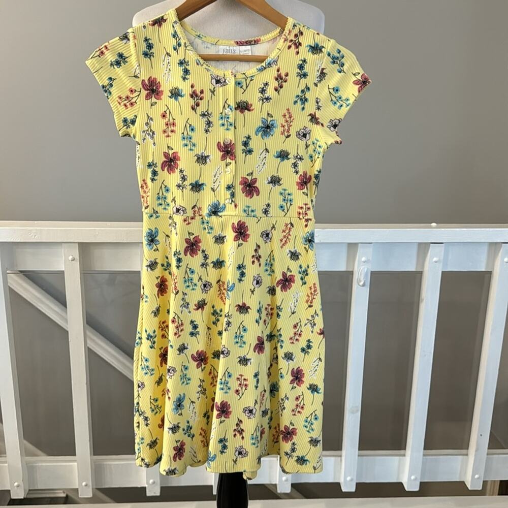 Falls Creek Ribbed Yellow Floral A-Line Knit Dress Size Large 10/12